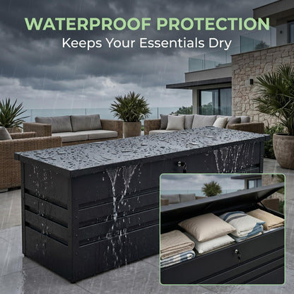 Zolyndo 260 Gallon Waterproof Metal Deck Box, Extra Large Outdoor Storage Box with Hydraulic Lid for Outside Patio, Cushions, Garden Tools, Pool Supplies (Black)