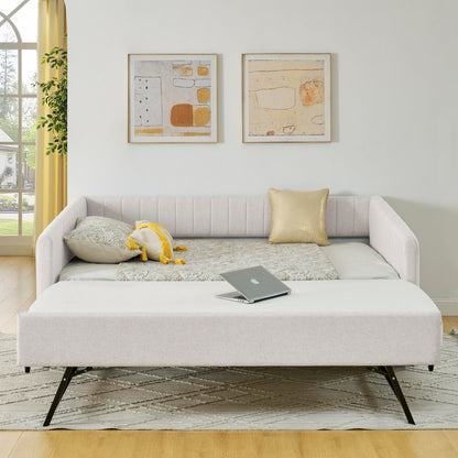 Ball & Cast Full Size Daybed with Pop up Trundle,Linen Upholstered Day Bed Frame with Channel Tufted Backrest & Armrest,Extendable Trundle Bed,Full to King Design,Easy Assembly,Black