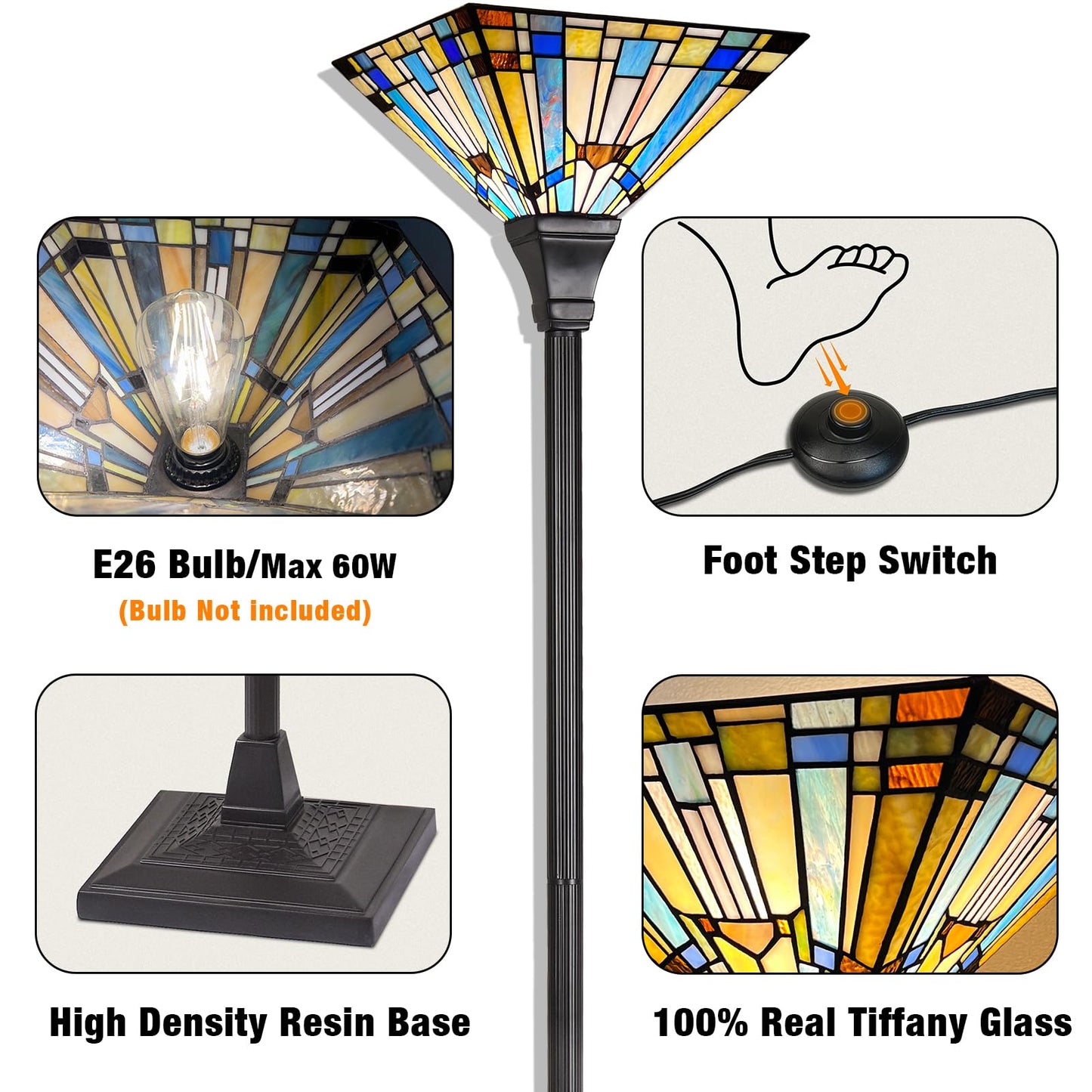 Capulina Tiffany Lamp Stained Glass Torchiere Floor Lamp 70 Inches Tall Industrial Pole Green Blue Rustic Tiffany Style Torch Standing Lamp Decor for Living Room Bedroom Farmhouse Home Office