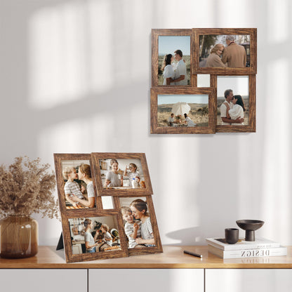 YESKAY 4x6 Collage Picture Frames, Multi Family Photo Frame with Real Glass, Displays Four 4x6 Photo, Wall Decor Wall Hanging or Tabletop, Rustic Brown