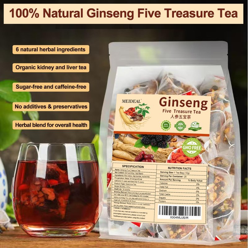 Ginseng Five Treasures Tea, Natural Kidney Cleanse Tea for Women & Men, 6 Precious Ingredients Blend, Organic Ginseng Six Treasures KidneyTea, Chinese Herbal Teabags (50 Pcs 2 Bags)
