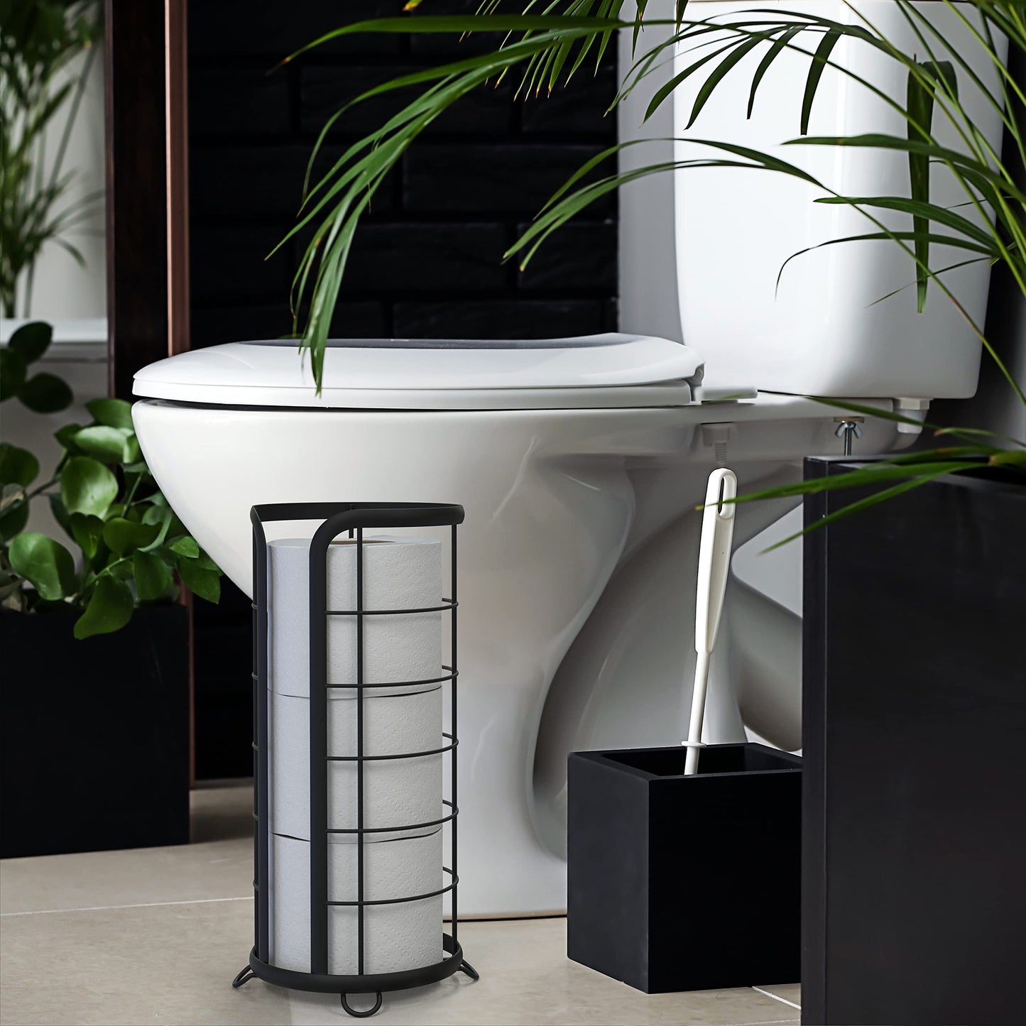 BROOKSTONE Toilet Paper Holder Stand Reserve - Free Standing Toilet Paper Stand with Storage that Holds Mega Rolls, Standing Bathroom Tissue Organizer, Bathroom Decor - Modern Storage Holder, Black