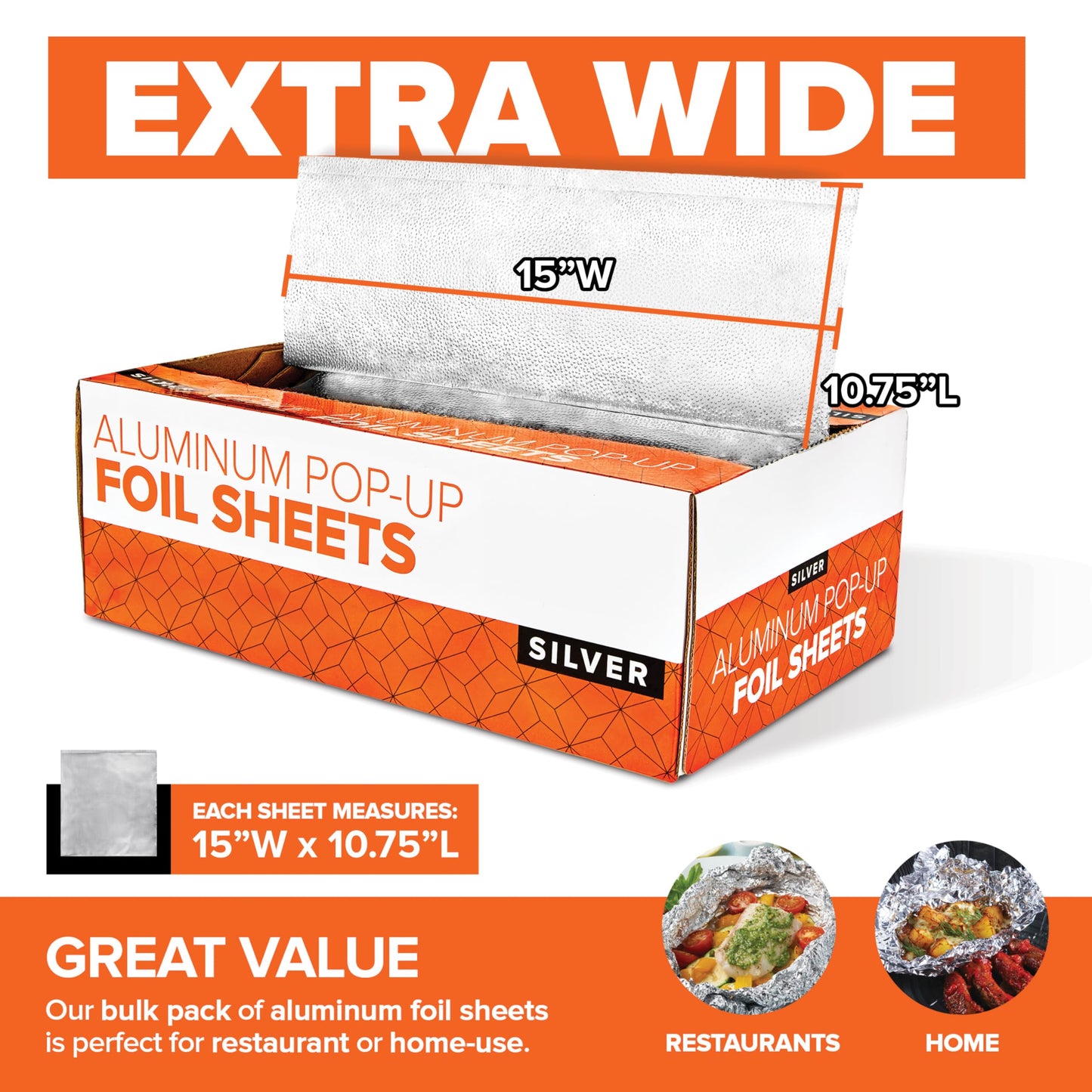 Stock Your Home Aluminum Foil Sheets, 200 Count, 15' Extra Wide Heavy Duty, Pop Up Foil Sheets for Restaurant, Deli, Home Use