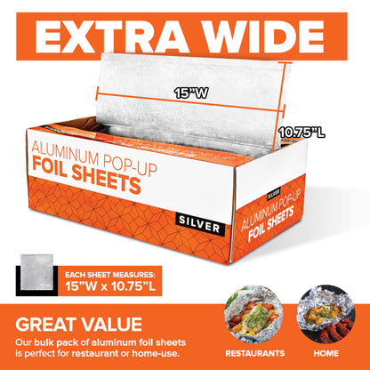 Stock Your Home Aluminum Foil Sheets, 200 Count, 15' Extra Wide Heavy Duty, Pop Up Foil Sheets for Restaurant, Deli, Home Use
