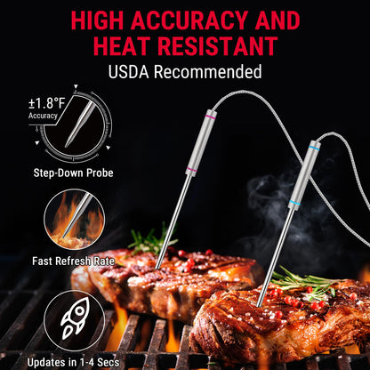 TempPro TP829 1000ft Wireless Meat Thermometer Digital for Grilling and Smoking, 4 Meat Probes Grill Thermometer for Outside Grill, BBQ Thermometer for Cooking Food Temperature (Previously ThermoPro)