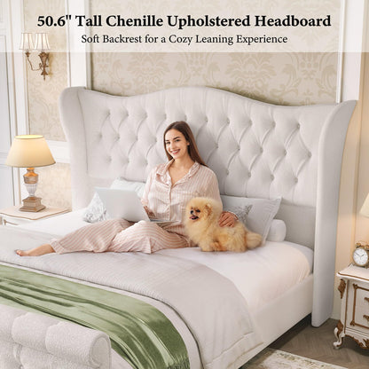 koorlian King Size Bed Frame,Chenille Upholstered Sleigh Bed with Scroll Wingback Headboard & Footboard,Luxury & Soft Button Tufted Modern Bed,Easy Assembly,No Box Spring Needed