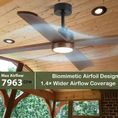 60 Inch Outdoor Smart Ceiling Fan with Light for Patio Damp Rated -High CFM Propeller 4 Wood Blades for Large Room, Rustic Farmhouse, Alexa/Tuya App/Remote Control, Quiet DC Motor, Porch, Gazebo