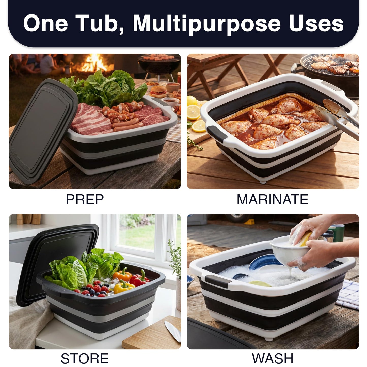 BBQ Prep Tub 16L, Collapsible Cutting Board with Meat Rest Blanket and Chicken Claws, Perfect Meat Prep Tub for Marinating, Shredding, and Grilling, All in One BBQ Accessories for Outing & Picnic