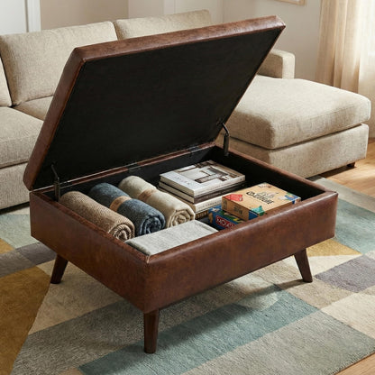 SIMPLIHOME Owen Coffee Table Storage Ottoman - 34" Wide x 19" High Upholstered Vegan Leather Rectangular Lift-Top Ottoman in Distressed Saddle Brown, Mid-Century Modern Bench with Tapered Legs