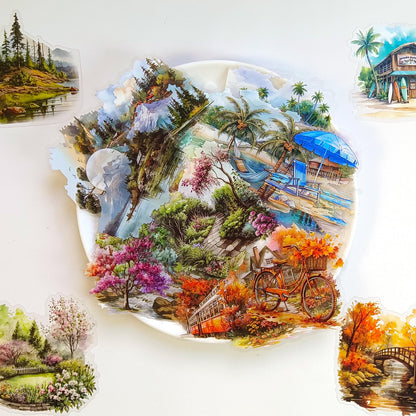 Ychsring Nature Landscape Stickers Set - 120 Pcs Clear PET Travel Stickers for Scrapbooking, Journaling, Junk Journal, Collage - Waterproof Transparent Mountain Forest Beach for Scrapbook Supplies