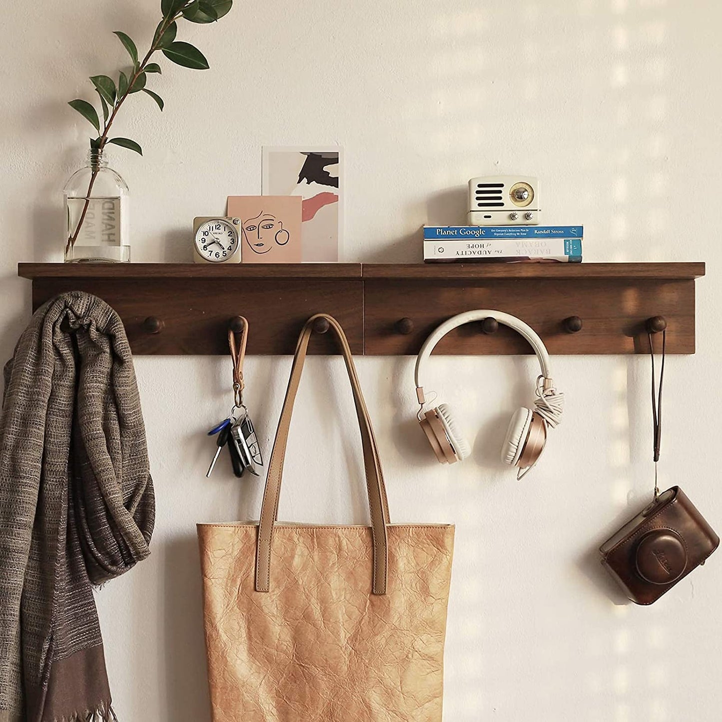 XAOMLP Entrance Coat Rack ，Coat Hooks, Wall-Mounted Wooden Hook Rack, Wall-Mounted Shelves are Very Suitable (Walnut Color Finish—A-1)