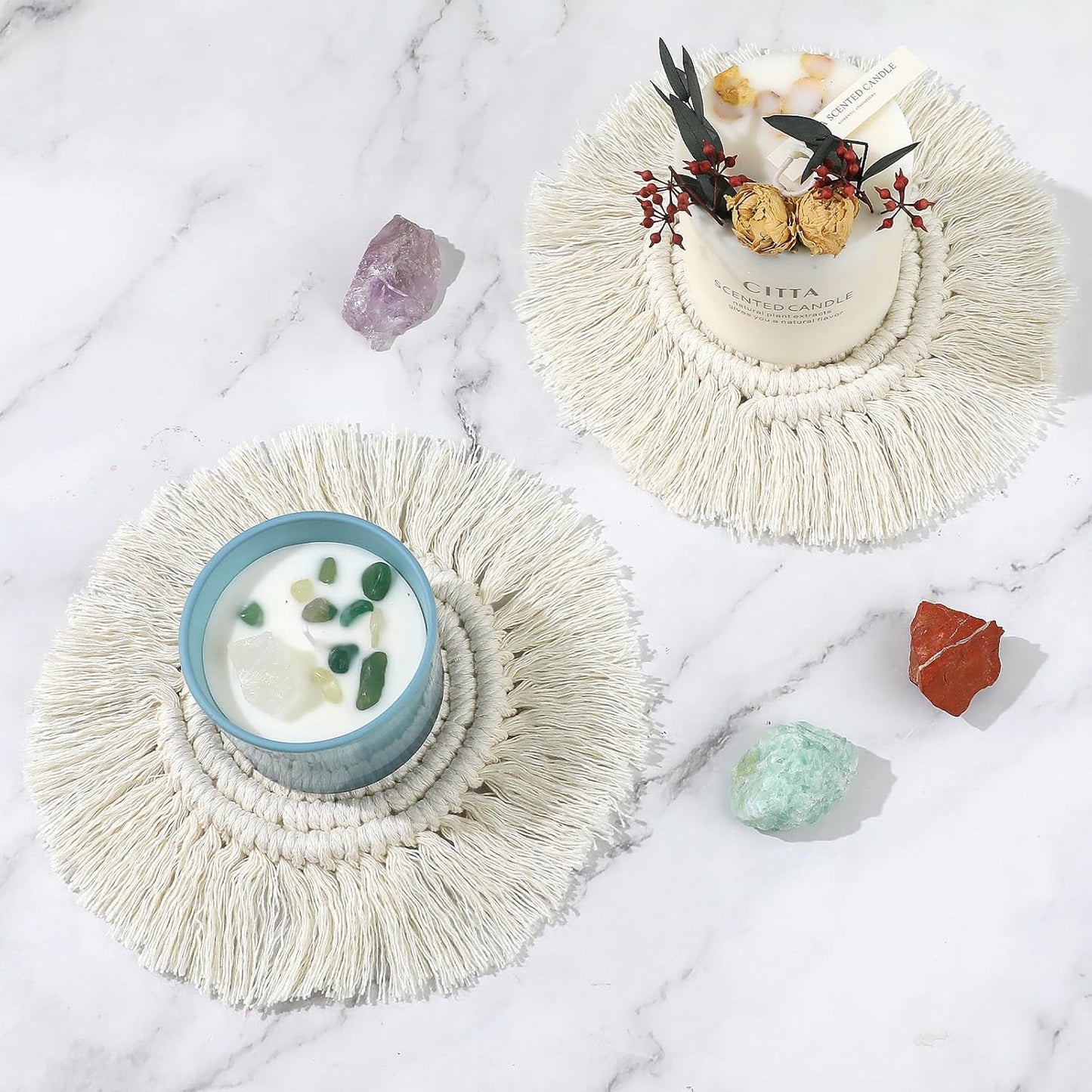 Mozeat Lens Set 2 Boho Coasters for Drinks Absorbent Crochet Coasters Round Boho Coaster of Housewarming Gift Bar