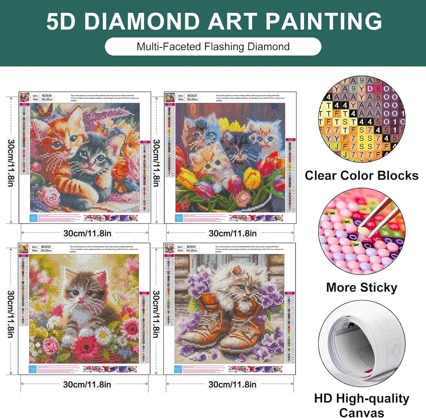 4 Pack Cat Diamond Art Kits for Adults,Full Drill 5D Diamond Painting Kits,Diamonds Dot Art Painting Craft Kits for Home Wall Decor 12 x 12inch