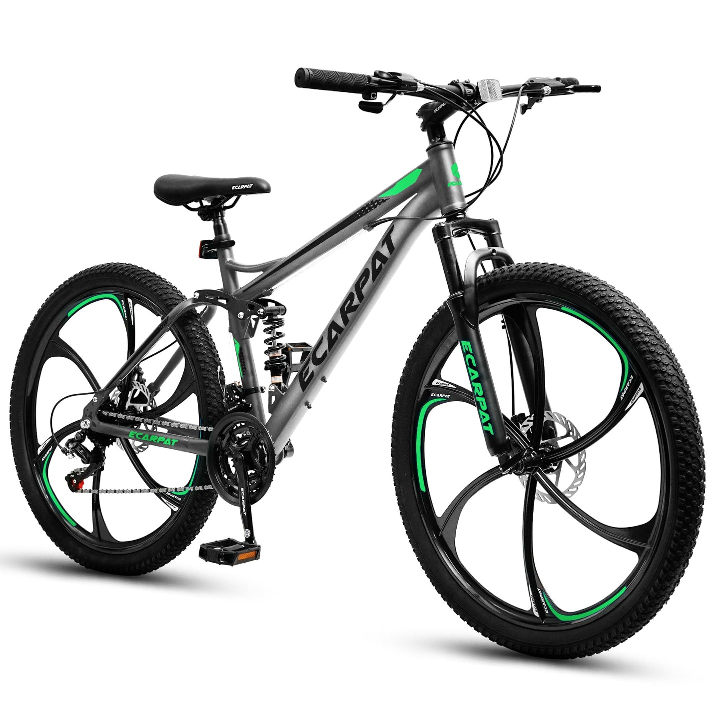Ecarpat Full Suspension Mountain Bike 26 Inch Wheel, 21 Speed Mountain Bicycle with High-Carbon Steel and Dual Disc Brakes, Outdoor Cycling MTB Bike for Men Adult, Gray