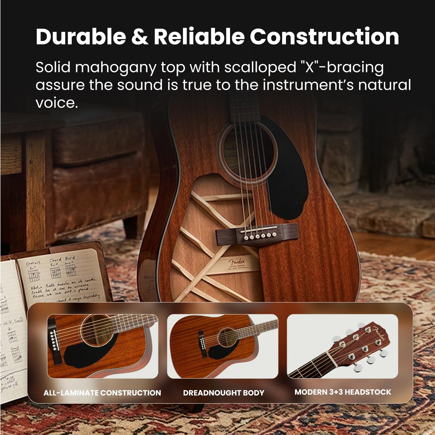 Fender CD-60S Solid Top Dreadnought Acoustic Guitar - All Mahogany Bundle with Hard Case, Tuner, Strap, Strings, Picks, and Austin Bazaar Instructional DVD