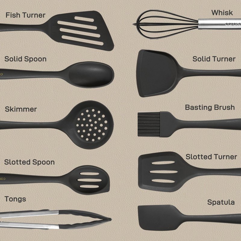 CAROTE Kitchen Utensil Set for Nonstick Cookware - 446°F Heat Resistant Silicone Cooking Utensils Set 10pcs, Dark Grey, Oderless Spatula, Turner