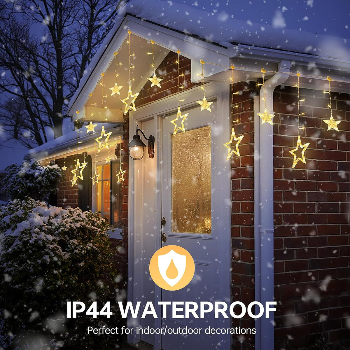 126L 8.2FT 8 Warm White Star Icicle Lights, Clear Curtain Fairy String with Connectable, Timer Modes Memory, Waterproof