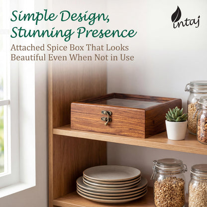 INTAJ Wooden Spice Box Organizer Square Masala Dabba 9 Compartment Seasoning Herb Container Cabinet Pantry Drawer Rack Storage Countertop Shelf Gift For Kitchen Home Cooks Display Set Organiser
