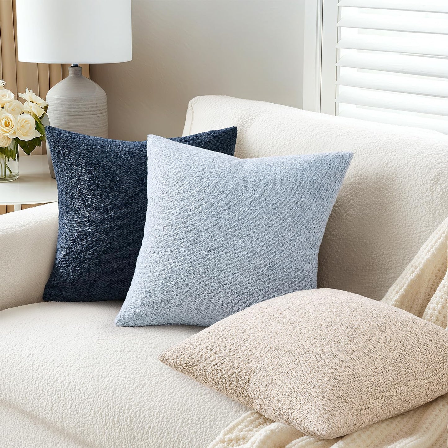 Pack 2 Cozy 18 18 Inch ANRODUO of Textured Boucle Throw Pillow Covers Soft Oatmeal Decorative Accent Solid Pillow Cases