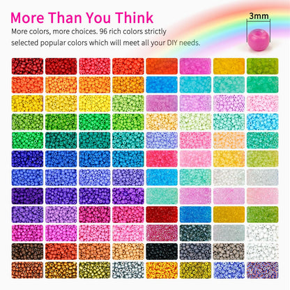 Friendship Bracelet Kit 3mm Seed Beads, 30000 Pcs 8/0 96 Colors Small Glass Beads Embroidery Kit with Letter Bead Charms for Jewelry Making Gifts Necklaces Waist Beads DIY Arts and Crafts for Adults
