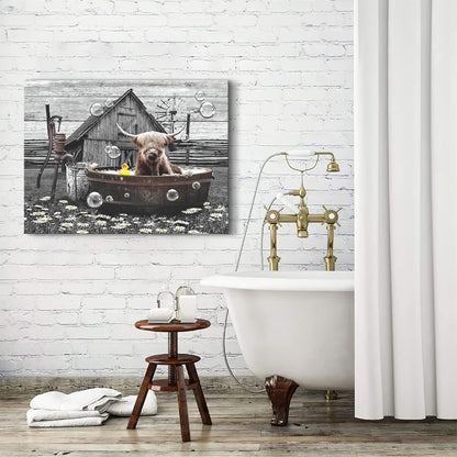 Farmhouse Bathroom Decor Wall Art, Funny Highland Cow in Bathtub, Rustic 12"x16" Framed Bathroom Cow Painting