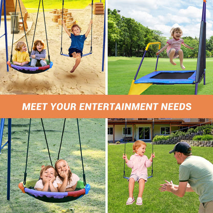 Lunafun Swing Sets for Backyard with Trampoline 440lbs with Heavy-Duty Metal A-Frame Outdoor Swing Set with 1 Saucer Swing Seat 1 Swings Seat & 1 Trampoline