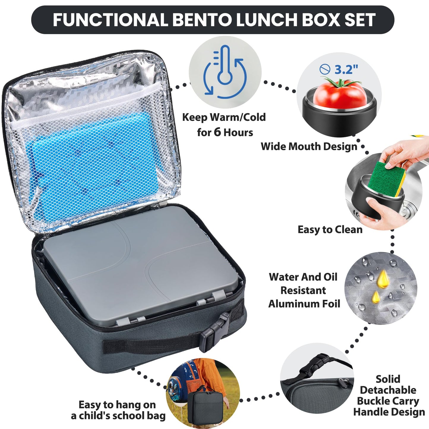 Bento Lunch Box with 8oz Soup Thermo,Kids Leakproof 4 Compartment Lunch Food Containers with Sauce Cup and Ice Pack,Kids Thermo Insulated Hot Food Jar and Lunch Bag for School,Trvael-Black