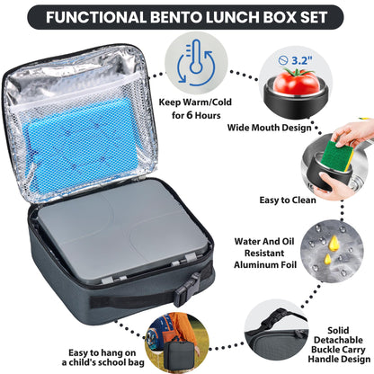 Bento Lunch Box with 8oz Soup Thermo,Kids Leakproof 4 Compartment Lunch Food Containers with Sauce Cup and Ice Pack,Kids Thermo Insulated Hot Food Jar and Lunch Bag for School,Trvael-Black