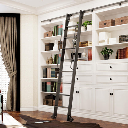 DIYHD 96" Lightweight Sliding Library Ladder with Handrail, Rolling Bookshelf Ladder with 4FT Rail System, Telescopic Top Hook, Upright Space-Saving Storage Design, 8 Steps, 300 Pound Capacity, Black