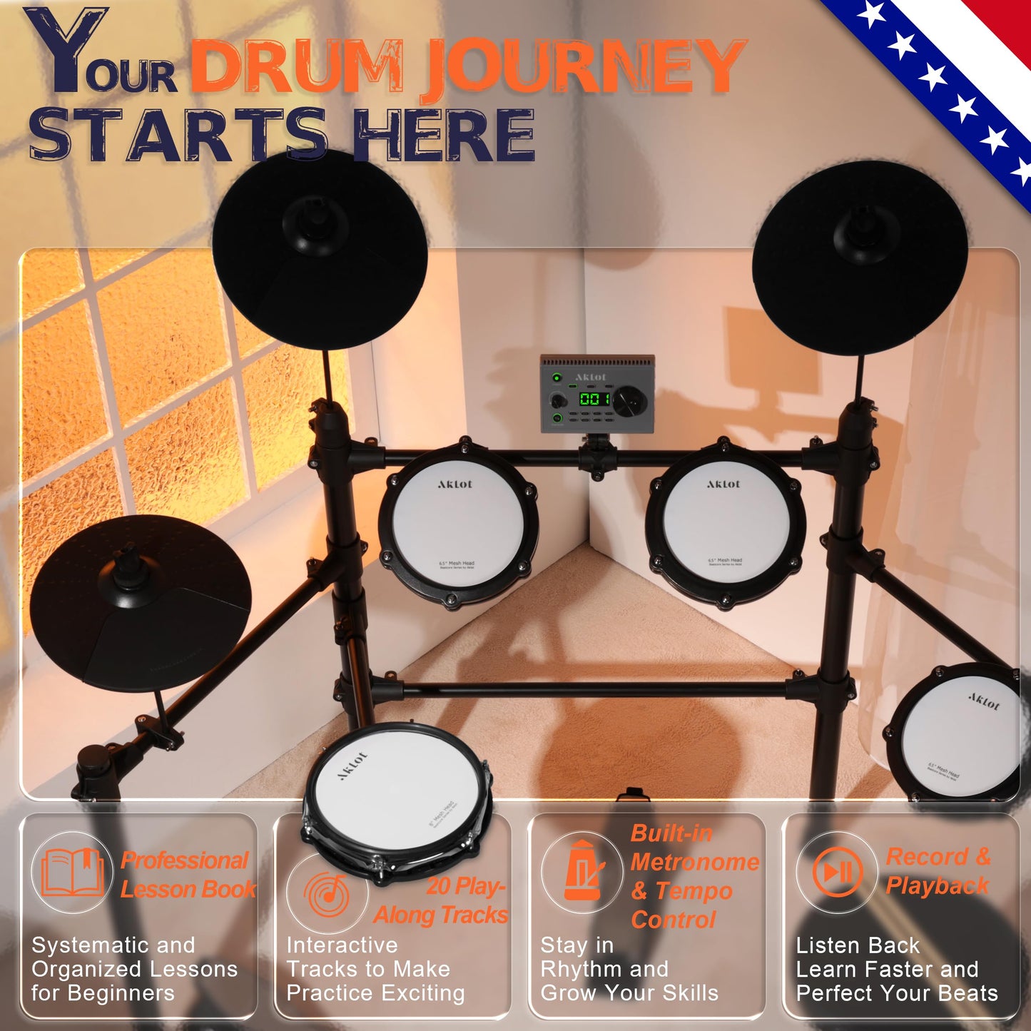 AKLOT Multi-Zone Electric Drum Set: 4 Dual-Trigger Quiet Mesh Drums, 360 Sounds, 10 User Kits, Cymbals with Choke, Electronic Drum Set with Throne, Headphones, Lesson Book for Beginner (B-CORE530Pro)