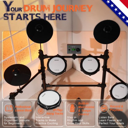 AKLOT Multi-Zone Electric Drum Set: 4 Dual-Trigger Quiet Mesh Drums, 360 Sounds, 10 User Kits, Cymbals with Choke, Electronic Drum Set with Throne, Headphones, Lesson Book for Beginner (B-CORE530Pro)
