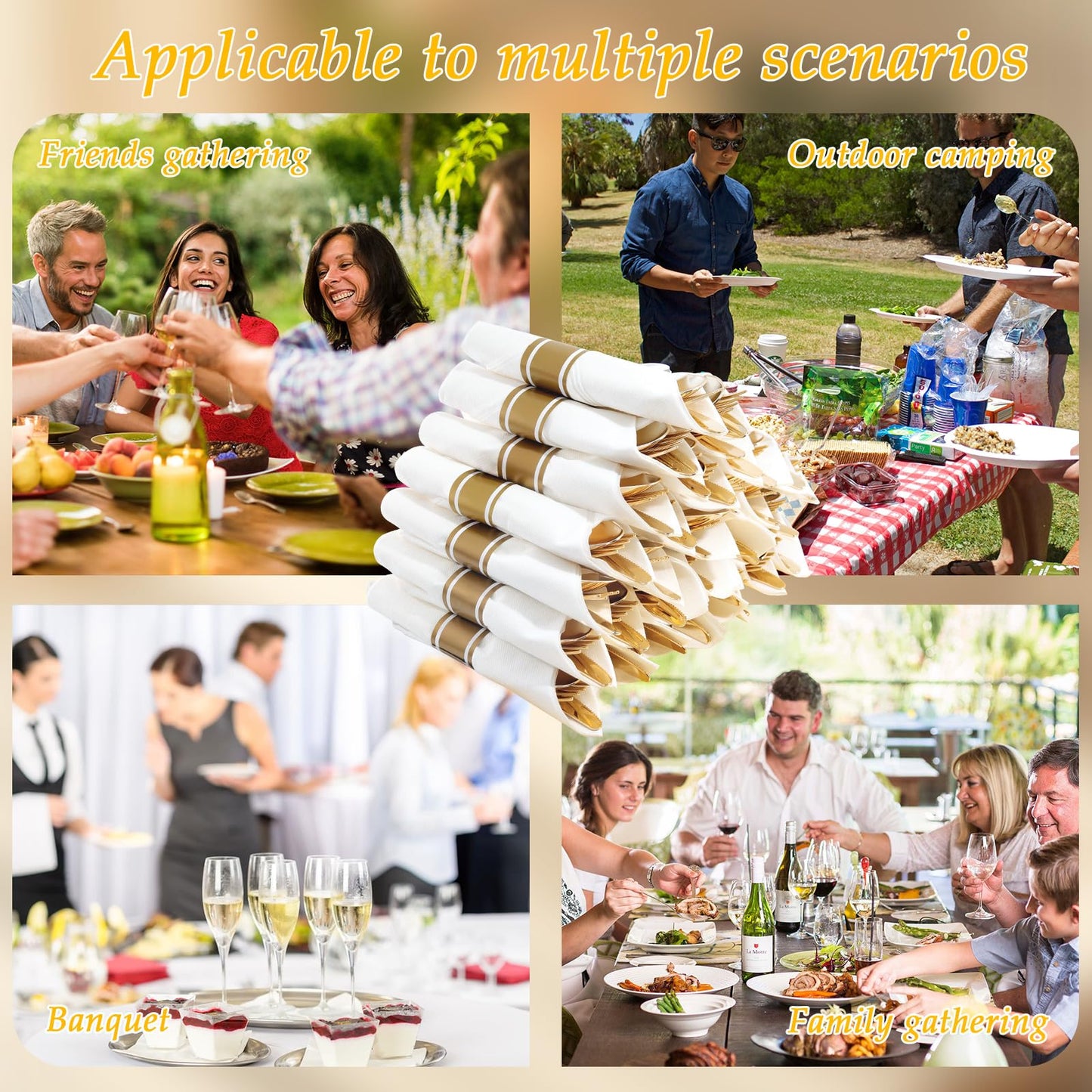 Supernal 120Pack Gold Plastic Silverware Wrapped Plastic Cutlery Set with Napkin,Pre Rolled Napkins with Cutlery Set,Rolled Silverware Disposable For Valentine's Day Mother's Day and Easter