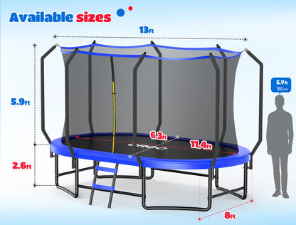 ORCC 8x13FT Oval Trampoline - Heavy Duty Kids & Gymnastics Trampoline with Reinforced Locking Bar, Outdoor Trampolines with Enclosure Net for Kids