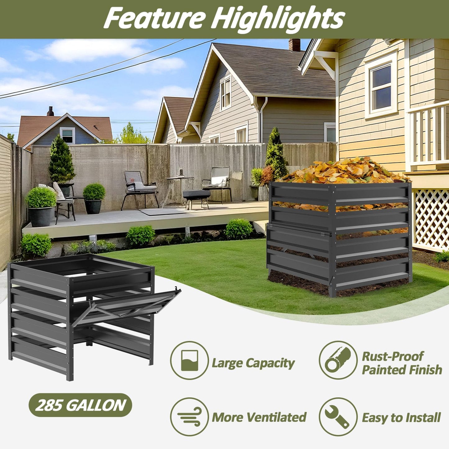 Trellume Compost Bin Outdoor - 285 Gallon Composter with Rust-Proof Coating, Painted Finish, Large Compost Bin for Producing Fertilizer from Kitchen Waste and Fallen Leaves（Metal）
