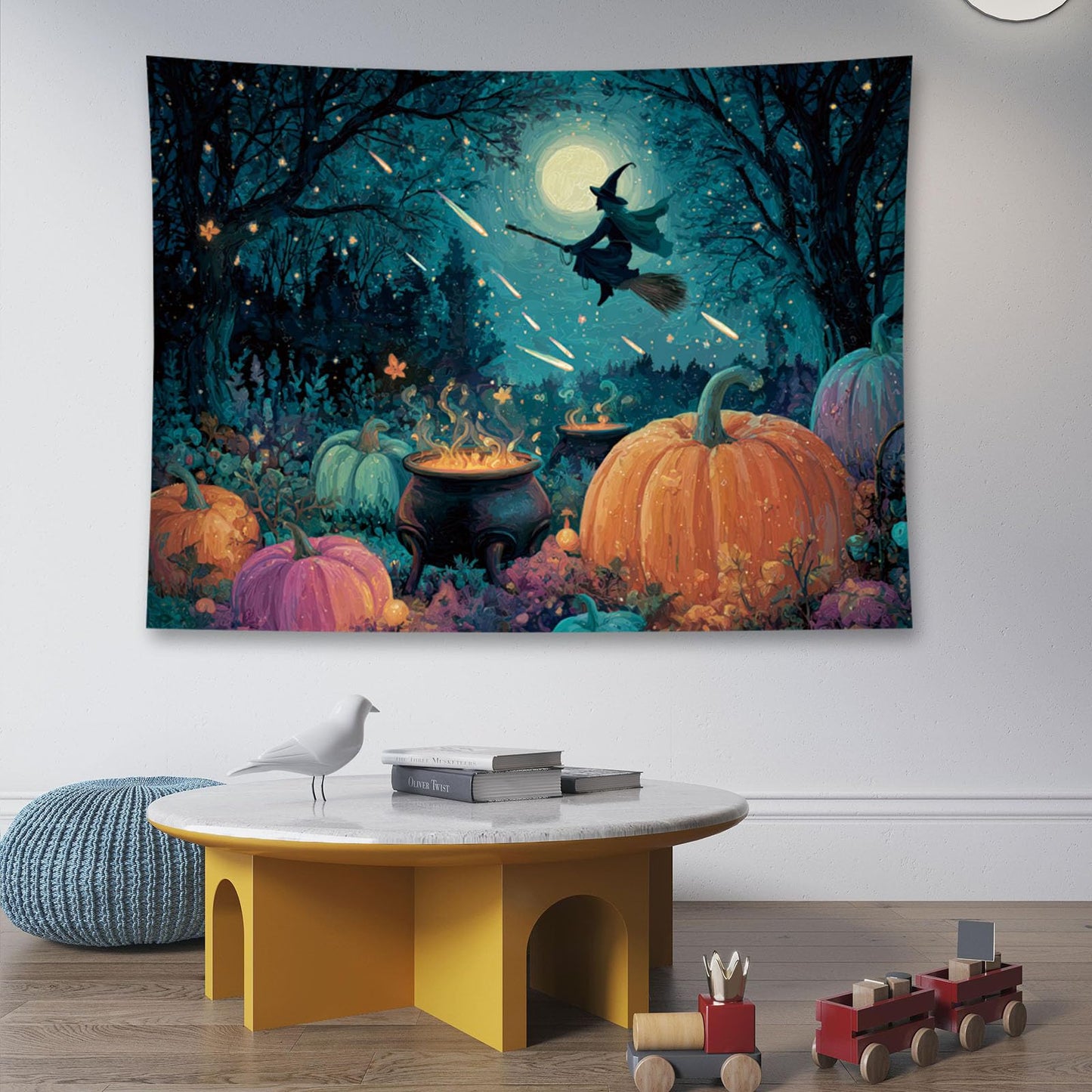 Liuzhouzai Halloween Pumpkin Tapestry Wall Hanging Broomstick-Riding Witch Personalized Background Living Room and Bedroom Wall Decoration 48 x 36 Inches