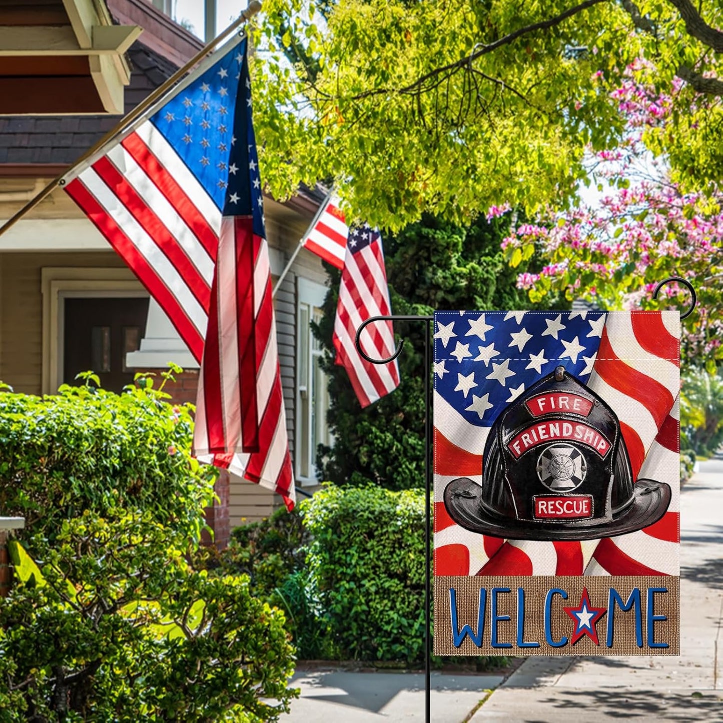 Welcome Firefighters Helmet Garden Flag, Fireman Emergency Rescue Alert Decorations, Double Sided 12x18 Outdoor Decor