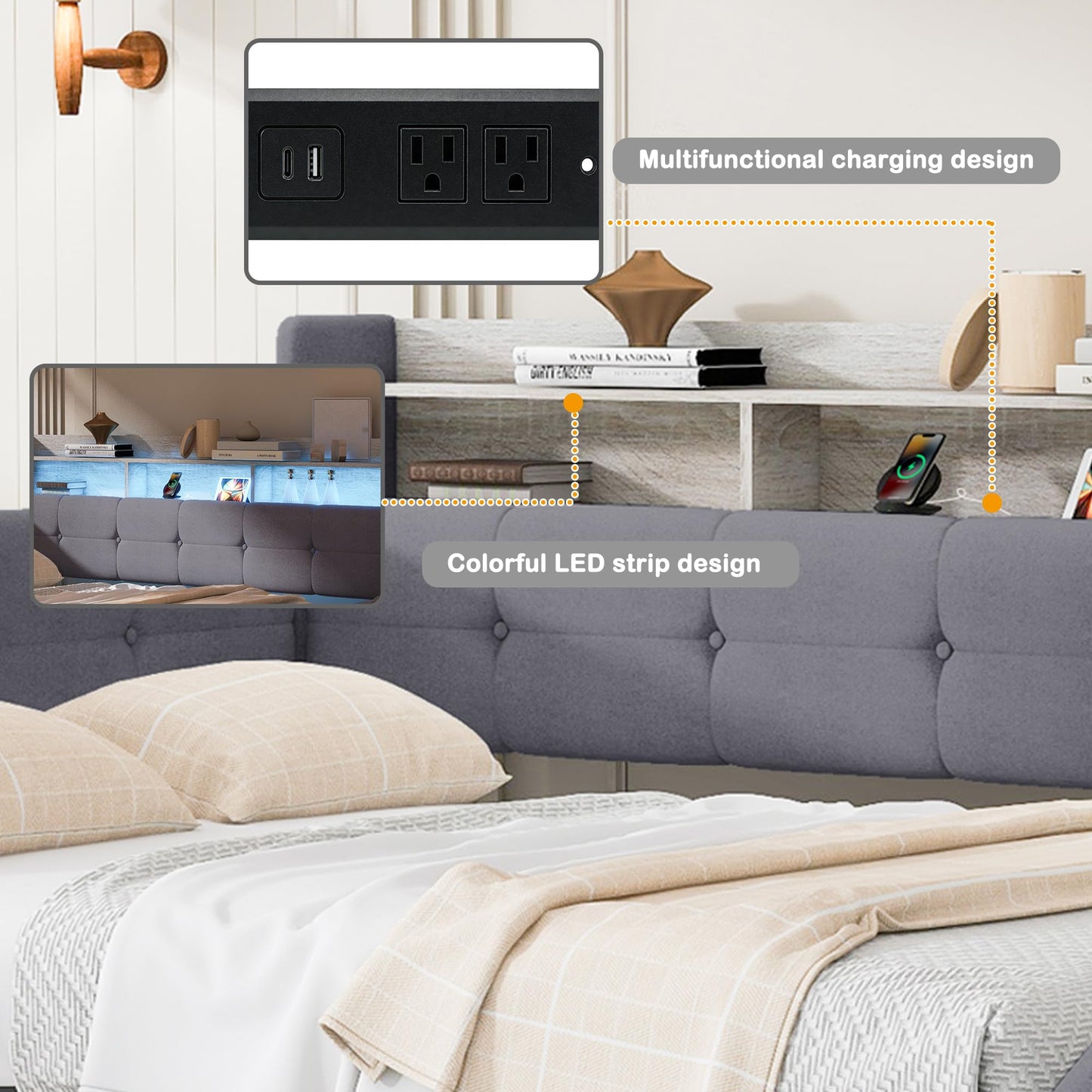 Merax Full Size Upholstered Daybed with Trundle and Storage Drawer, Headboard with Light, Shelves, USB Charging Station, Multi-Functional Bed for Guest Room, Living Room, No Box Spring Needed, Gray