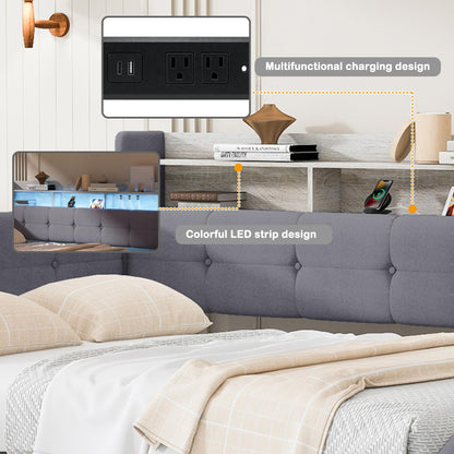 Merax Full Size Upholstered Daybed with Trundle and Storage Drawer, Headboard with Light, Shelves, USB Charging Station, Multi-Functional Bed for Guest Room, Living Room, No Box Spring Needed, Gray