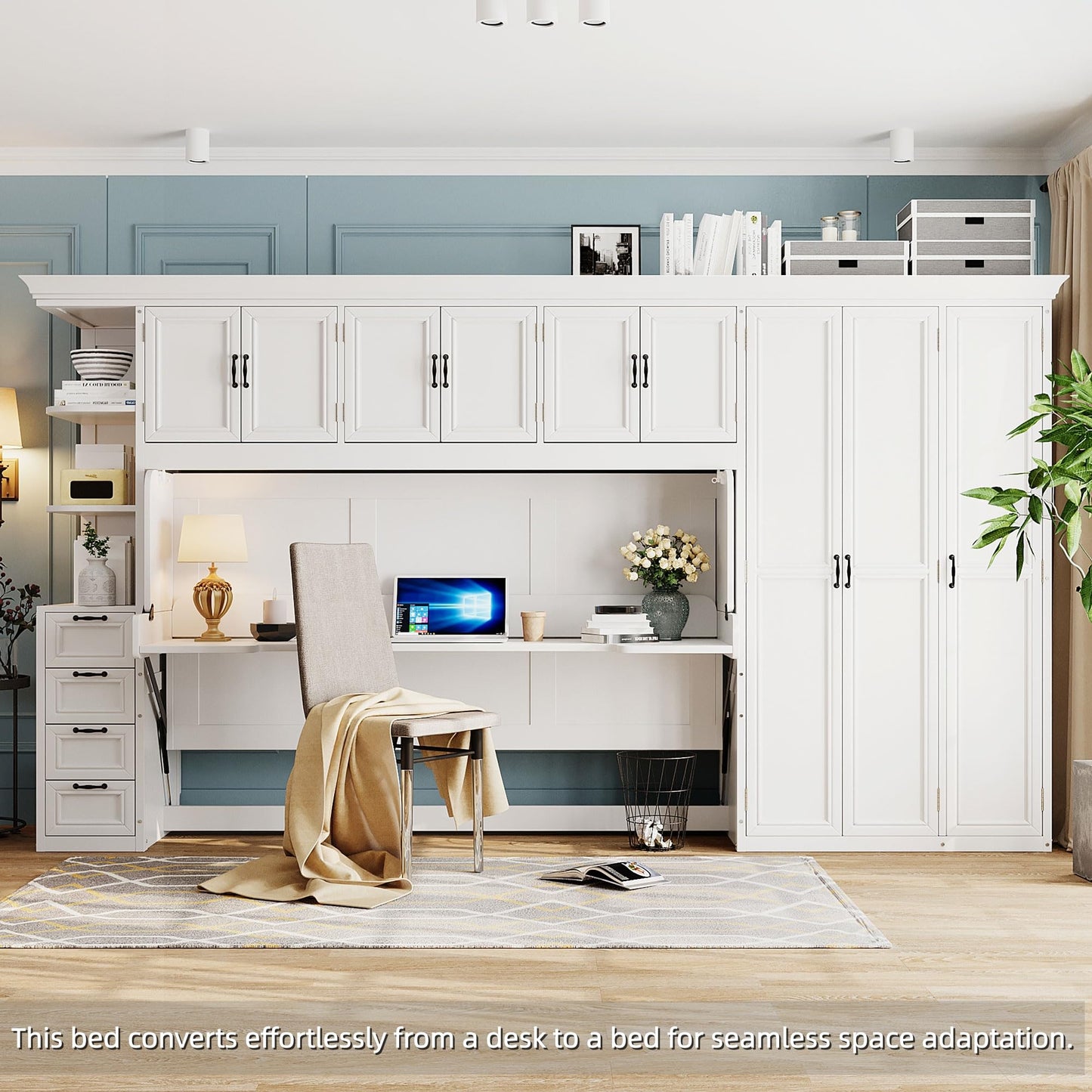 Merax Twin Size Murphy Bed with Desk, Multifunctional Wood Foldable Wall Bed with Wardrobe, Drawers and Cabinet, Space-Saving Hidden Bed for Guest Room Office, No Box Spring Needed, White