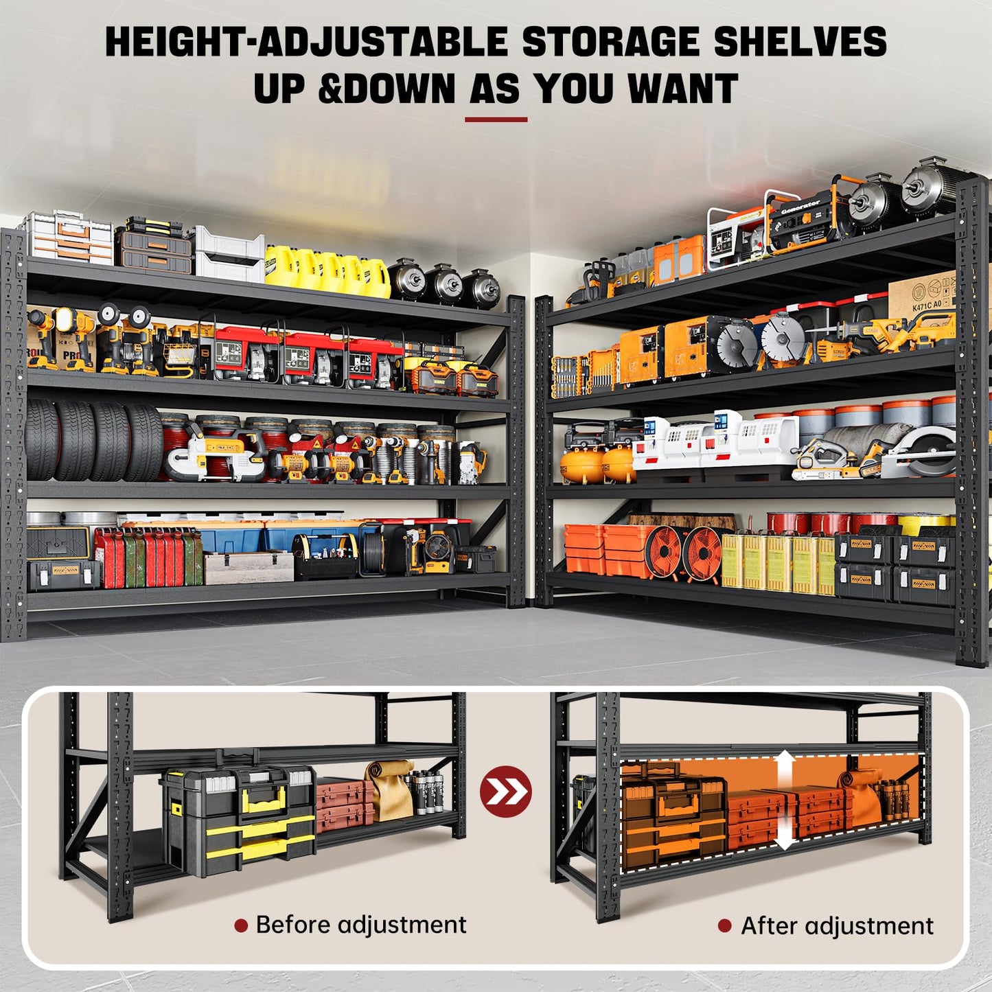 RAVIGIN 9000LBS Storage Shelves, 75" W Garage Shelving Heavy Duty Metal Adjustable Garage Shelves, Shelving Units Industrial Shelving for Warehouse, 75" W x 24" D x 70" H, Black