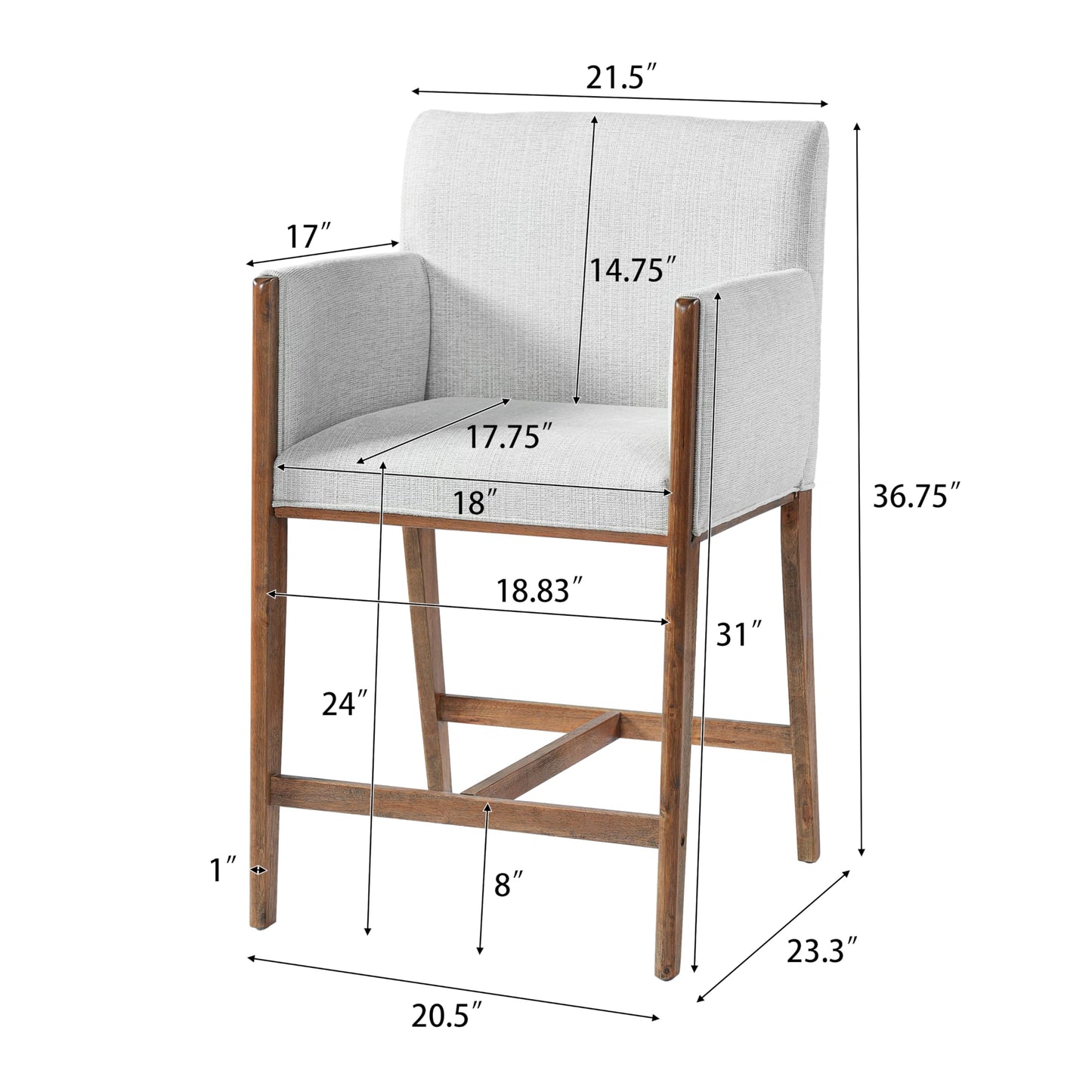 Merax Fabric Upholstered Solid Wood Counter Stools Set of 2, 24" Seat Height Counter Bar Stools with Backs & Arms, Modern Rustic Barstools for Kitchen Island Dining Room, Walnut