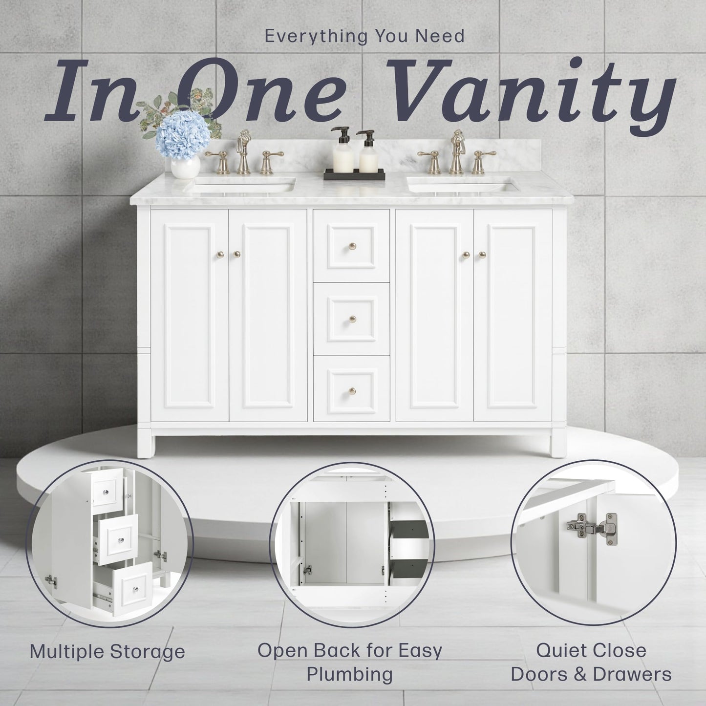 Alaterre Furniture Williamsburg 60 Inch Double Sink Bathroom Vanity - Freestanding Cabinet Without Top - Large Soft-Close Wood Vanity (White)