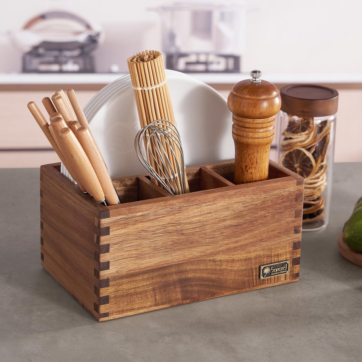 SANOSY Acacia Wood Utensil Holder, Paper Plate Dispenser Organizer for Countertop - 4 Compartment Silverware Caddy for Friendsgiving Party - Cutlery Holder for Cup, Fork, Spoon, Kitchen, Camping
