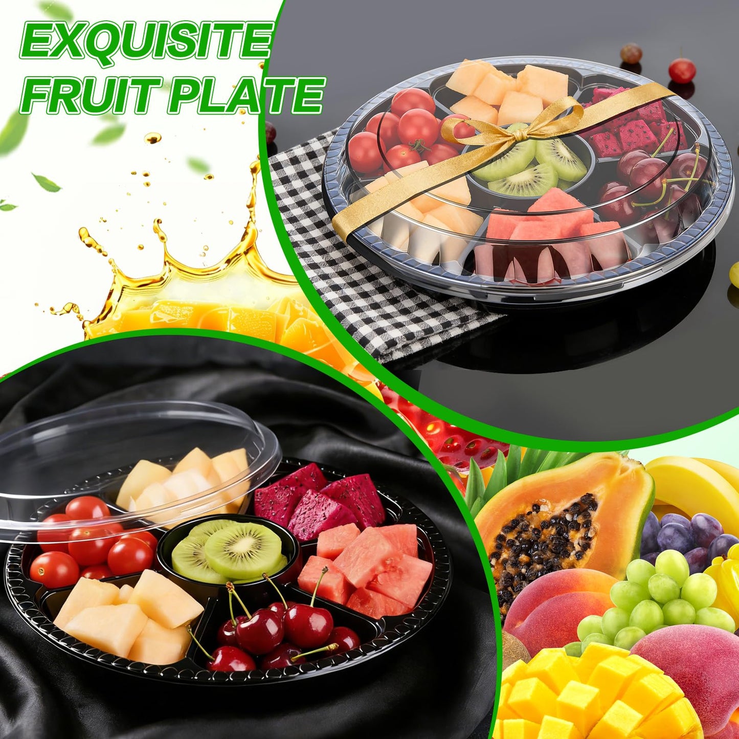 mwellewm 10 Pcs Round Plastic Appetizer Tray with Lid Divided Serving Tray, Disposable Food Storage Containers, Plastic Tray Storage, Kids Snack, Fruit Platter Vegetable Trays for Party and Buffet