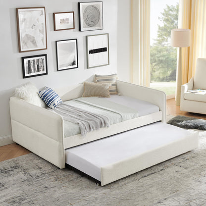 KEIKI Full Size Upholstery Tufted Daybed with Erectable Trundle, Full to King Design Modern Extendable Boucle Sofa Bed, Easy Assembly, No Box Spring Required, for Living Room and Bedroom, Beige