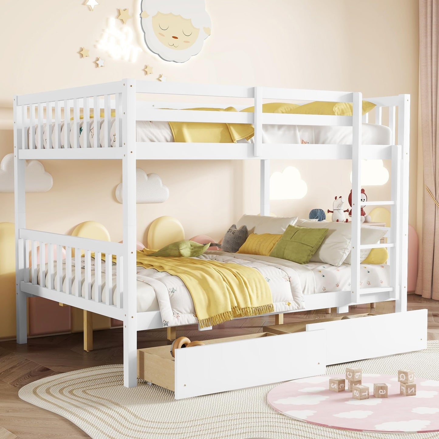 MERITLINE Wood Bunk Bed with Drawers, Convertible Bunk Bed with Ladders and Two Storage Drawers, Solid Wood Detachable Bedframe with Guardrails, Twin Over Twin, White