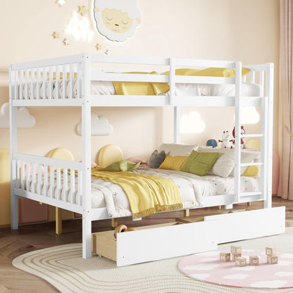 MERITLINE Wood Bunk Bed with Drawers, Convertible Bunk Bed with Ladders and Two Storage Drawers, Solid Wood Detachable Bedframe with Guardrails, Twin Over Twin, White