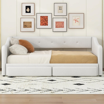 Twin XL to King Size Upholstered Daybed with Linen Fabric, 2 Storage Drawers, Extendable Platform Bed with Foam-Padded Back and Armrests, Sturdy Pine and MDF Frame, Sofa Bed for Users, Beige