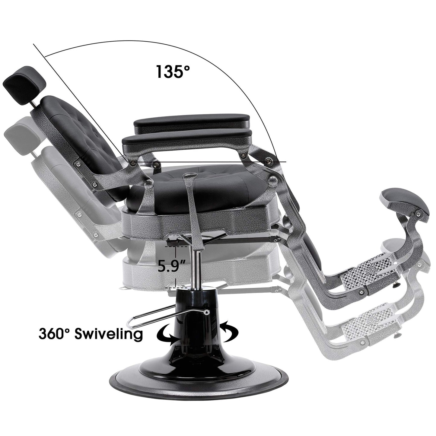 BarberPub Vintage Barber Chair Heavy Duty Metal Frame All Purpose Hydraulic Recline Salon Beauty Spa Equipment 2947 (Black with Grey Frame)
