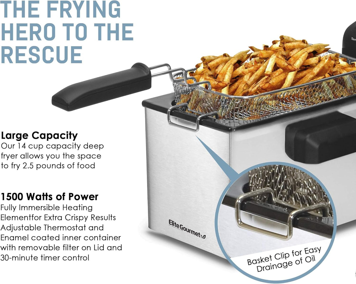 Elite Gourmet EDF-3500 Electric Immersion Deep Fryer: Removable Basket, Timer Control, Adjustable Temperature, 3.5 Quart